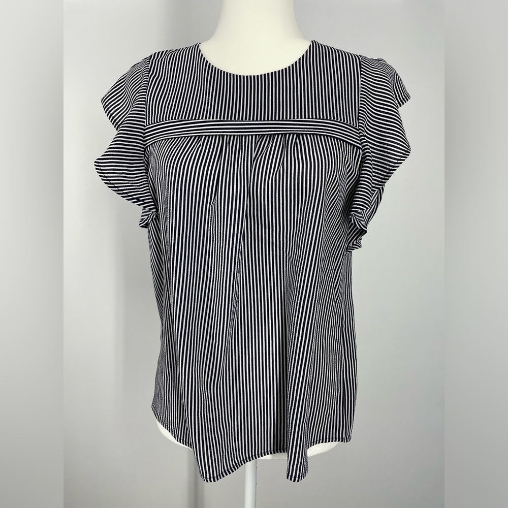 Monteau Los Angeles Black & White Stripped Relaxed Fit Ruffle Short Sleeve Top